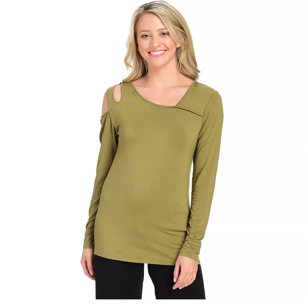Women’s Mod X Olive Jersey Knit Long Sleeve Shoulder Cutout V-Neck Top